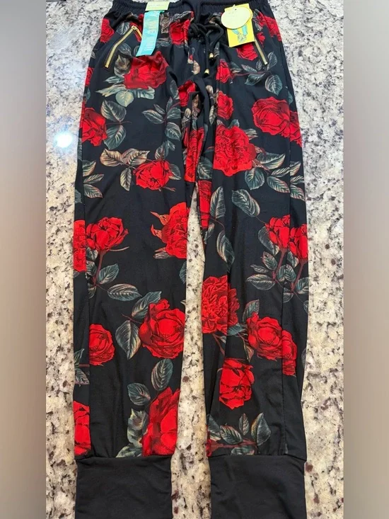 Floral Red Rose Print Black Jogger Pants - Picture 1 of 5